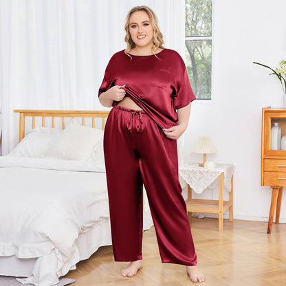 Women's plus size silk Sleepwear Mulberry Short-Sleeve Silk Pajama Set