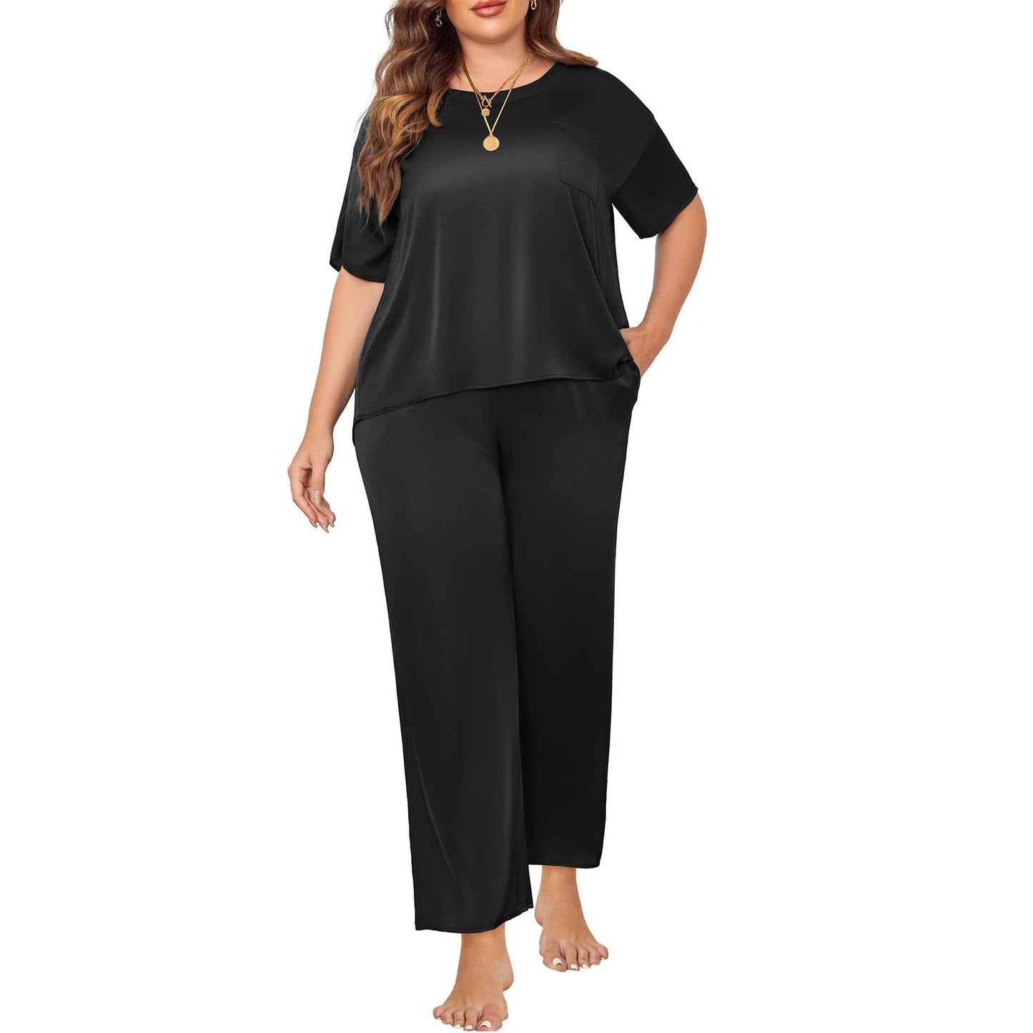 Women's plus size silk Sleepwear Mulberry Short-Sleeve Silk Pajama Set