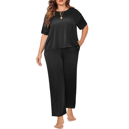 Women's plus size silk Sleepwear Mulberry Short-Sleeve Silk Pajama Set