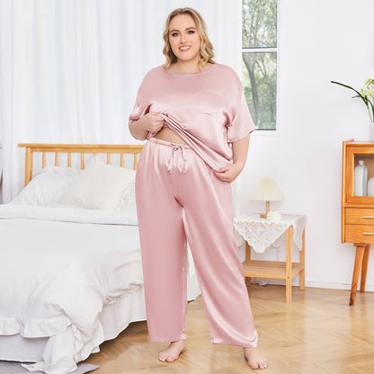 Women's plus size silk Sleepwear Mulberry Short-Sleeve Silk Pajama Set