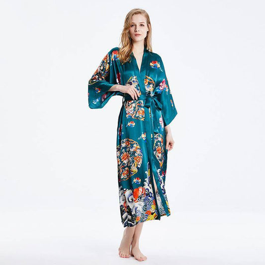 women's pure Long printing Silk Kimono with Sash Silk Dressing Gown