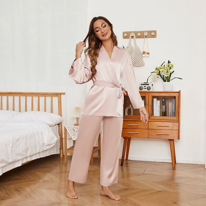 Women's Pure Silk Robe and Pajama Set with Pockets