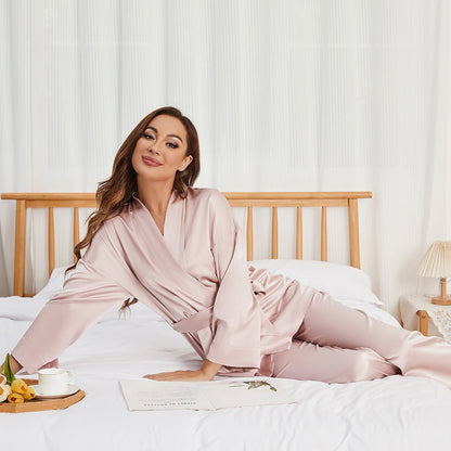 Women's Pure Silk Robe and Pajama Set with Pockets