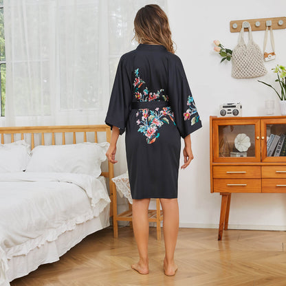 Women's Short floral silk kimono Robes 100% pure Silk Bathrobe