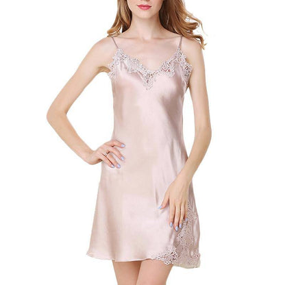 Women's Silk Nightdress V Neck Mulberry pure Silk Nightgown with Lace