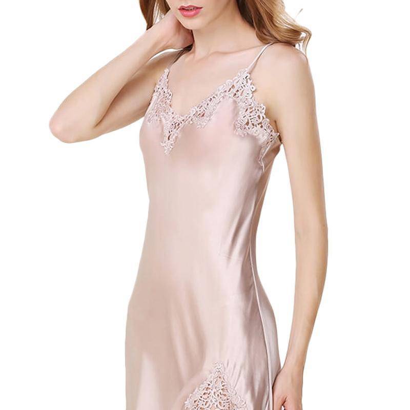 Women's Silk Nightdress V Neck Mulberry pure Silk Nightgown with Lace