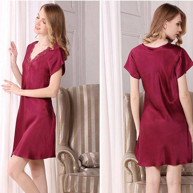 Women's Silk Nightdress v neck mulberry pure Silk Nightgown with lace