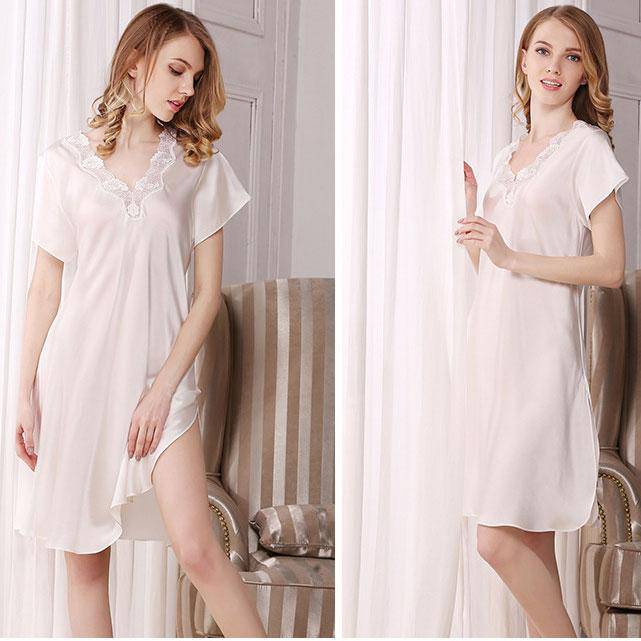 Women's Silk Nightdress v neck mulberry pure Silk Nightgown with lace