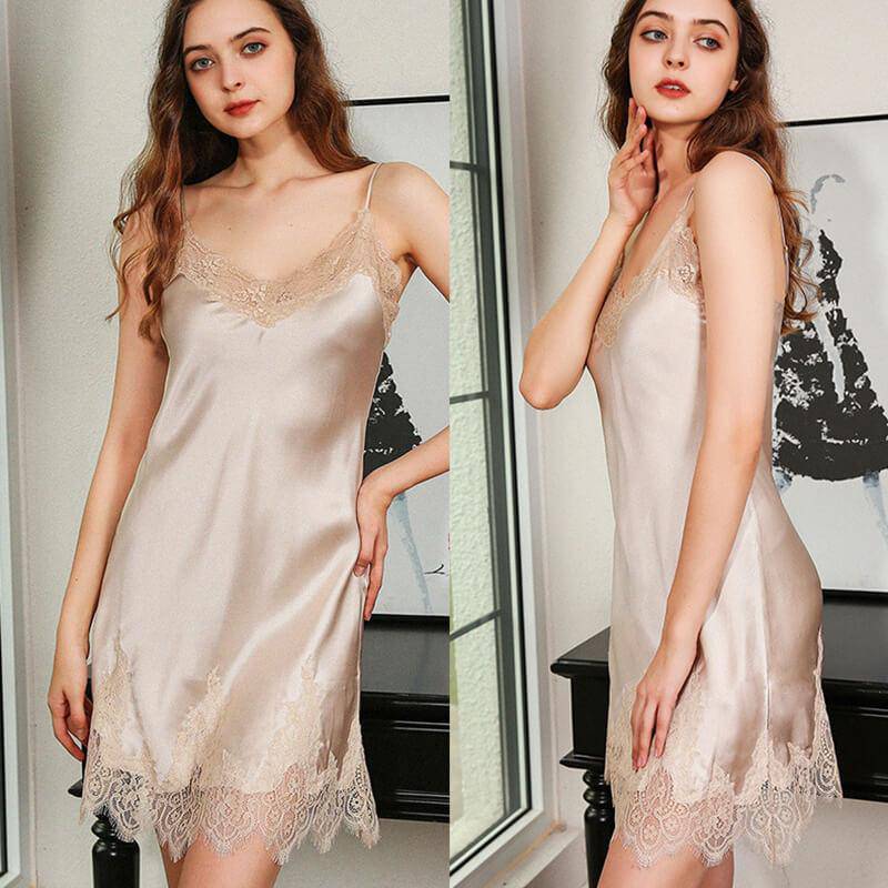 Women's Silk Nightwear V Neck Mulberry Silk Nightgown with Lace