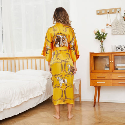 womens Silk Robe Hand painted Horse pure Silk Kimono Robes