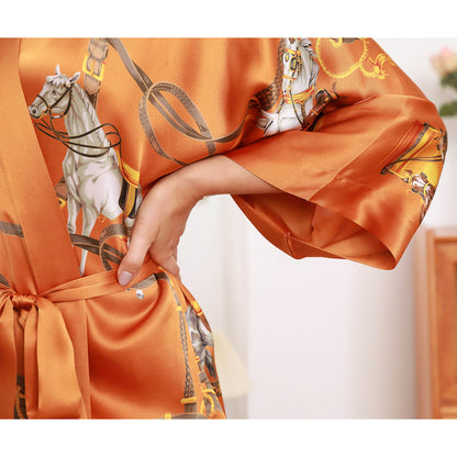 womens Silk Robe Hand painted Horse pure Silk Kimono Robes