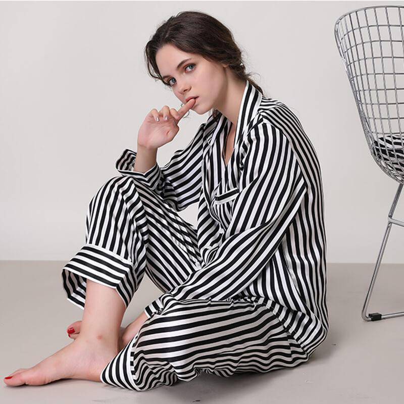 Women's Striped Silk Pajama Set 100% Mulberry Stripe Silk PJS