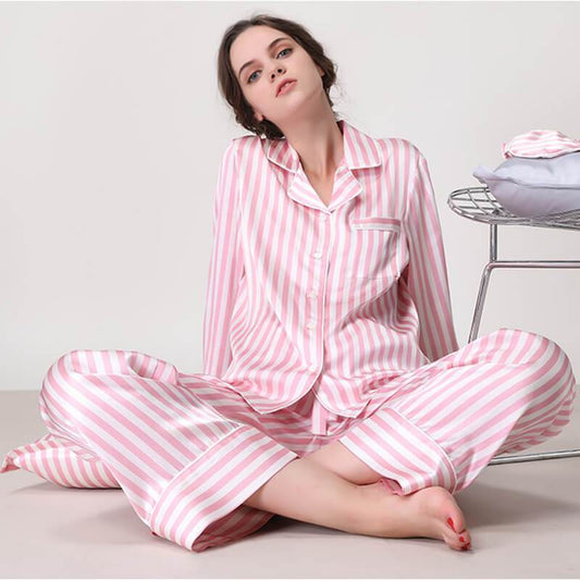 Women's Striped Silk Pajama Set 100% Mulberry Stripe Silk PJS