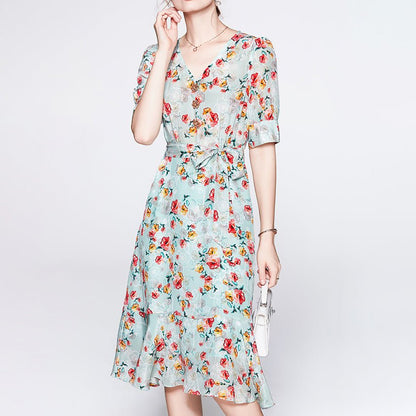 Women's Summer Silk Floral Dress v neck Guest Party Silk Midi Dress