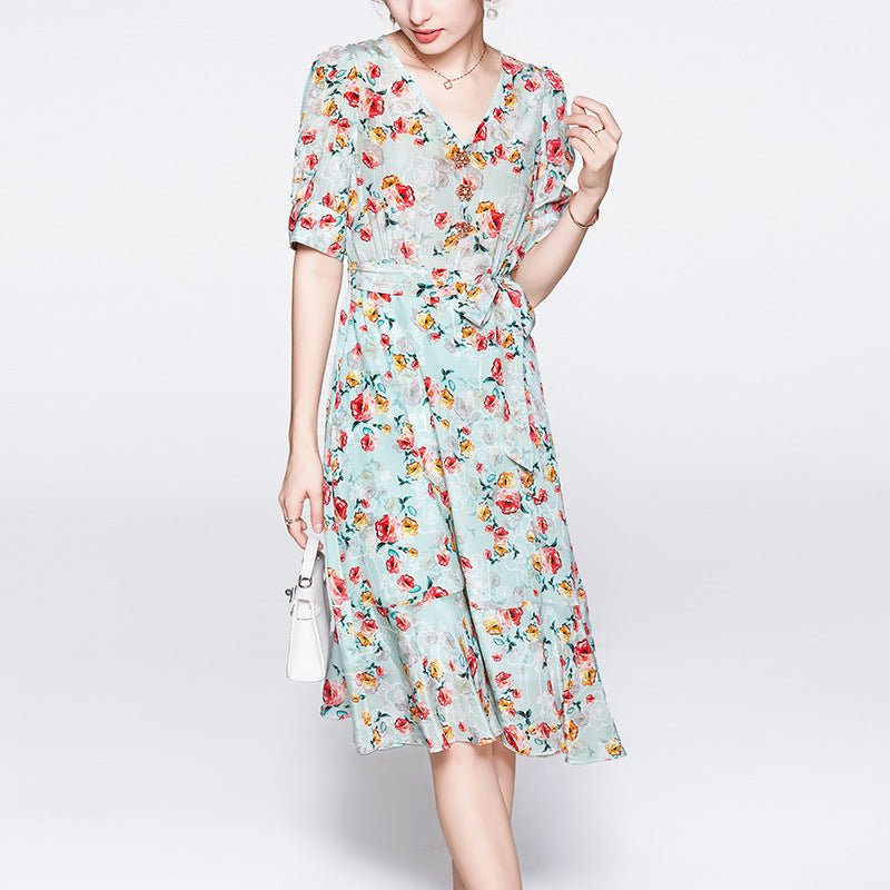 Women's Summer Silk Floral Dress v neck Guest Party Silk Midi Dress