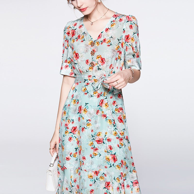 Women's Summer Silk Floral Dress v neck Guest Party Silk Midi Dress