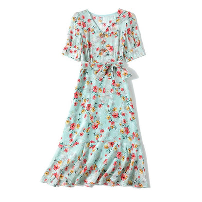 Women's Summer Silk Floral Dress v neck Guest Party Silk Midi Dress