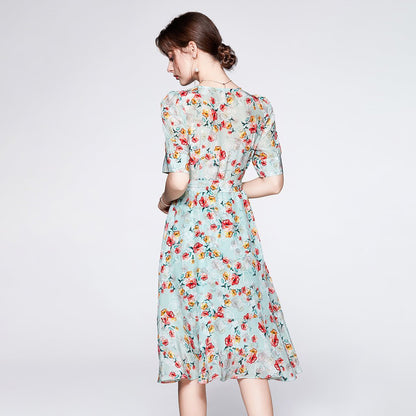 Women's Summer Silk Floral Dress v neck Guest Party Silk Midi Dress