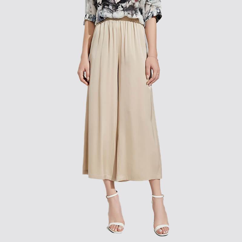 Womens Wide-leg Pure Silk Pants Cropped Pants Casual Work Pants