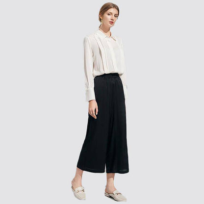 Womens Wide-leg Pure Silk Pants Cropped Pants Casual Work Pants