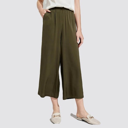 Womens Wide-leg Pure Silk Pants Cropped Pants Casual Work Pants