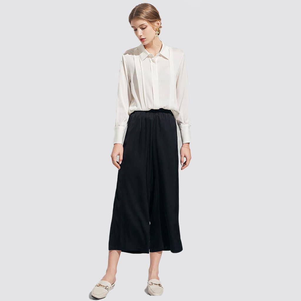 Womens Wide-leg Pure Silk Pants Cropped Pants Casual Work Pants