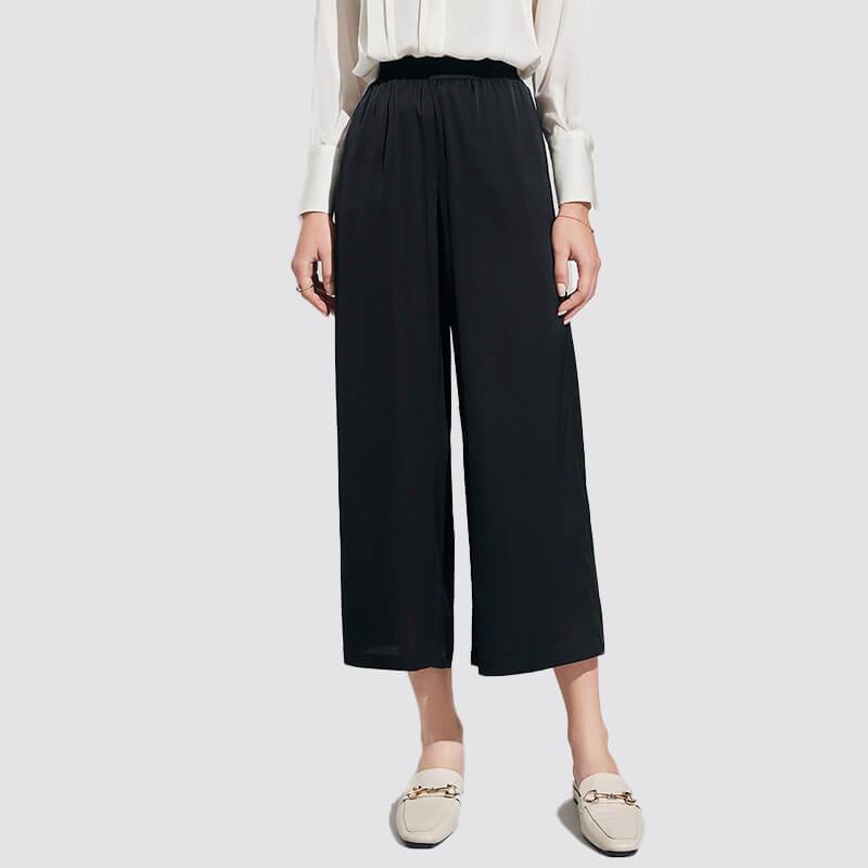 Womens Wide-leg Pure Silk Pants Cropped Pants Casual Work Pants